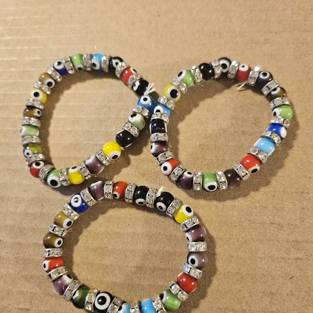 🩵Lot 3 Piece Art Glass Evil Eye Beaded Stretch Bracelets